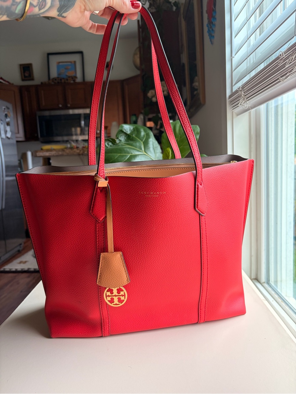 Tory Burch Red Leather Tote with Tan Charm